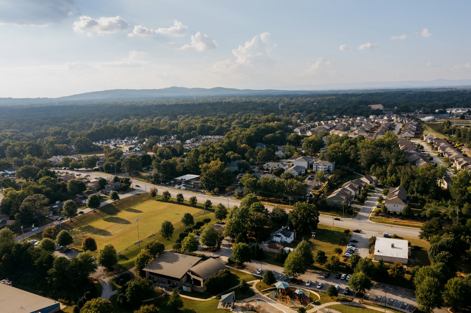 Aerial view of a leafy residential neighborhood